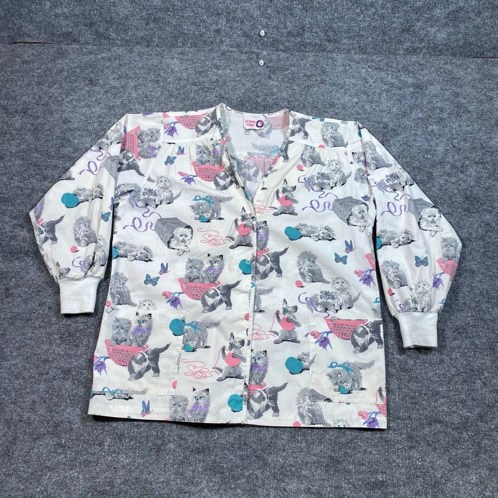 Scrub Time Vintage Kitten Print Snap Front Scrub Jacket White Pink Grey Large